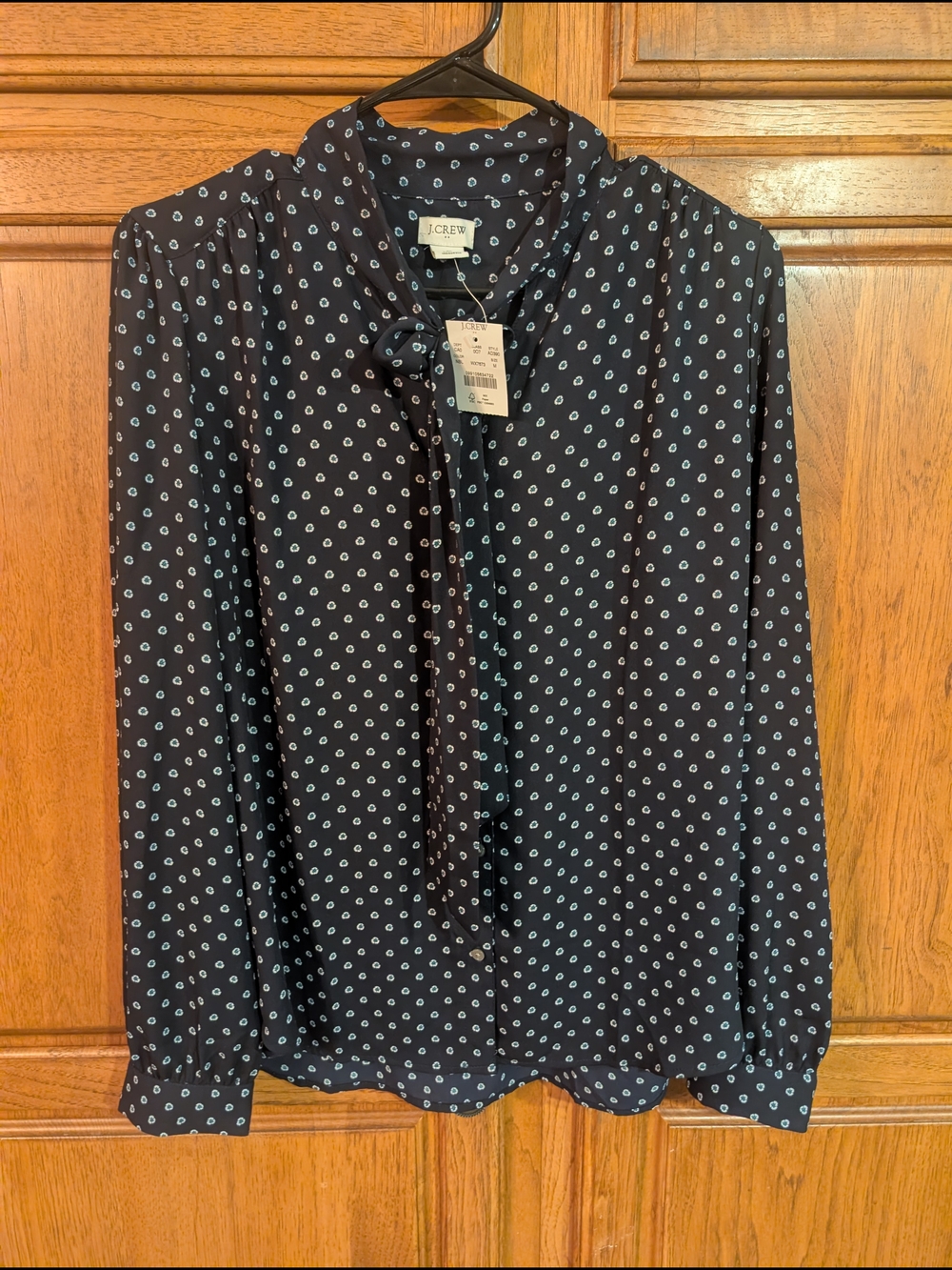 J. Crew Navy Blouse with Light Blue Dot Tie-Neck NWT